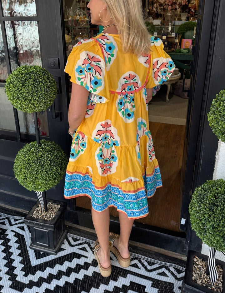 Korte jurk met V-hals en plooienprint voor dames