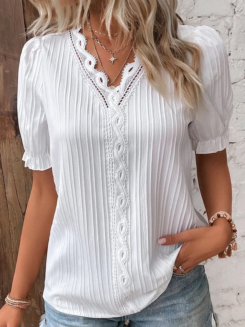 🔥Elegant V-hals shirt met effen kant